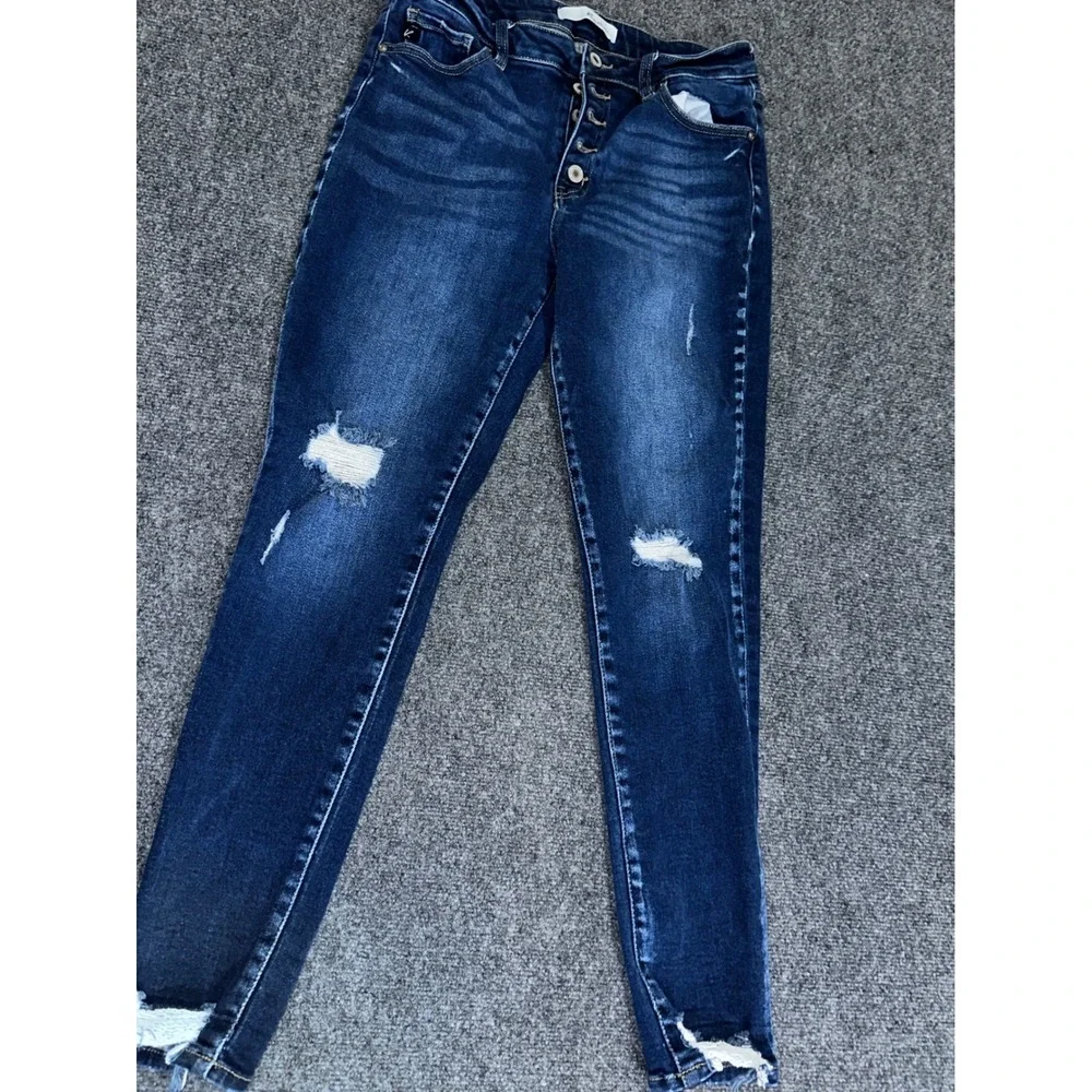 KanCan Womens High Rise Button Fly Distressed‎ Skinny Jeans Dark Wash 13/30